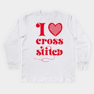 I Love Cross Stitch Heart and Needle in Red Kids Long Sleeve T-Shirt